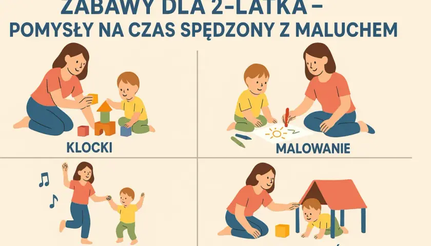 Kreatywne zabawy dla 2 latka: budowanie z klocków, malowanie, taniec i tor przeszkód.
