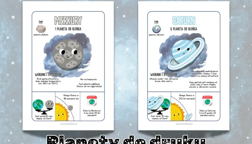 Układ słoneczny planety do druku: Merkury i Saturn z ciekawostkami.