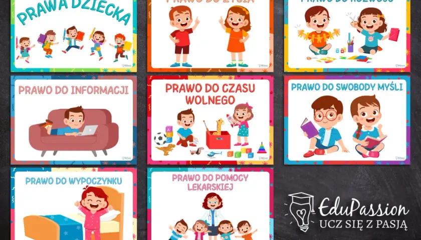 Karty pracy "Prawa dziecka" ilustrują prawa do życia, rozwoju, informacji, czasu wolnego, wypoczynku, swobody myśli i pomocy lekarskiej.