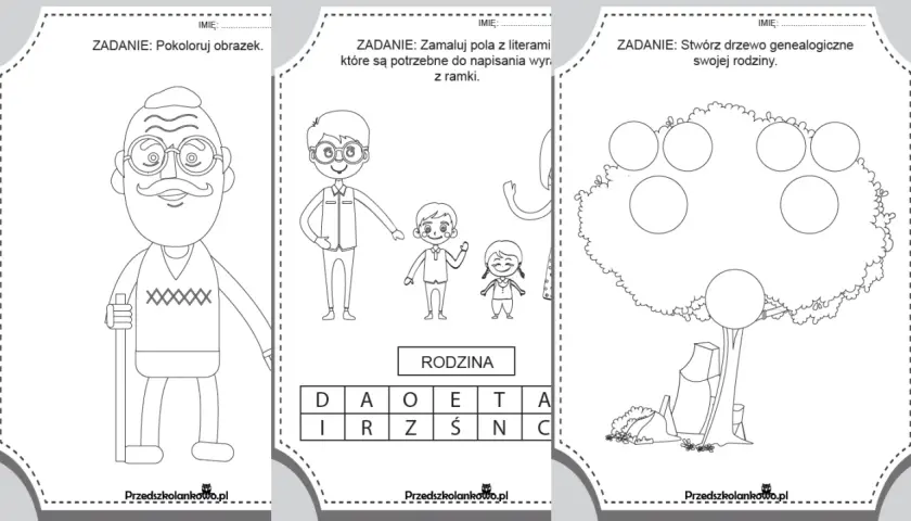Zestaw kart pracy dla dzieci: kolorowanka dziadka, zadanie z literami do słowa RODZINA i tworzenie drzewa genealogicznego.