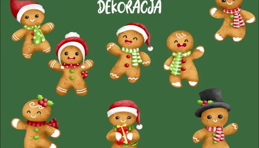Urocze pierniczki do druku w świątecznych strojach, gotowe do dekoracji.