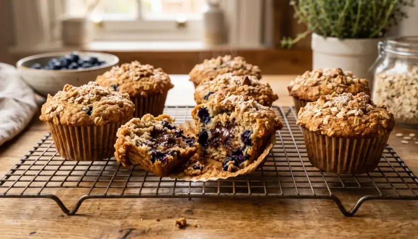 Pyszne muffinki dla niemowlaka z jagodami i czekoladą, posypane płatkami owsianymi, na kratce do studzenia.
