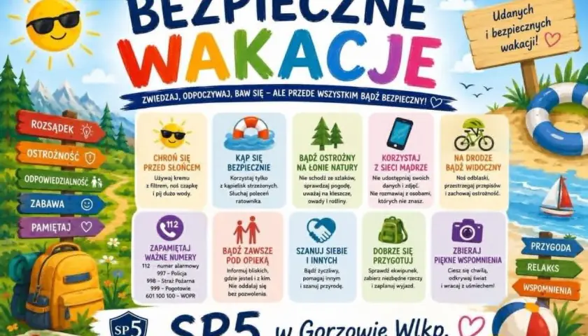 Plakat "Bezpieczne wakacje" przypomina o zasadach bezpieczeństwa: chroń się przed słońcem, kąp się bezpiecznie, uważaj na łonie natury, korzystaj z sieci mądrze, bądź widoczny na drodze.