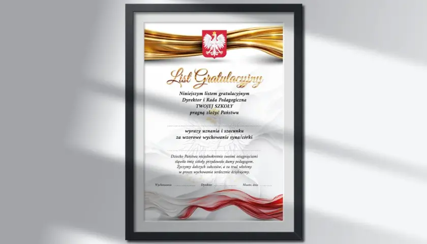 Elegancki list gratulacyjny wzór do druku z godłem Polski i złotymi wstęgami. Podziękowanie za wzorowe wychowanie.