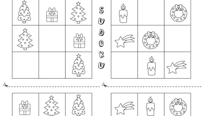 Świąteczne karty pracy z motywami choinek, prezentów, gwiazdek, świec i wieńców. Sudoku dla dzieci.