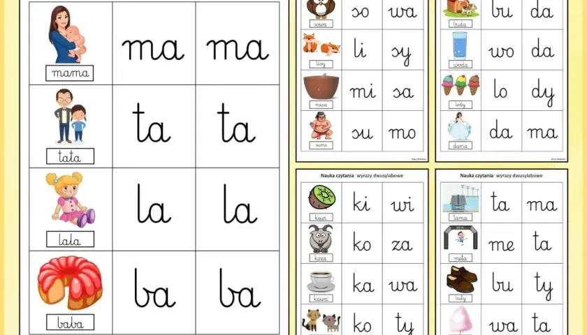 Ćwiczenia do druku: nauka czytania dwusylabowych wyrazów. Obrazki z mamą, tatą, lalą, babą i innymi przedmiotami pomagają w nauce.