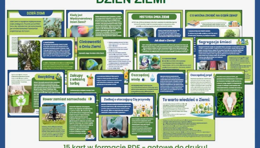 Dzień Ziemi gazetka do druku: 15 kart PDF z ciekawostkami, historią, poradami jak dbać o planetę, segregować śmieci, oszczędzać wodę i prąd.