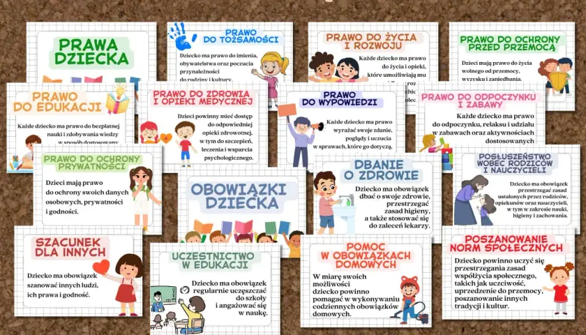 Prawa i obowiązki dziecka do druku: edukacja, zdrowie, szacunek, wypowiedź, odpoczynek, posłuszeństwo, ochrona przed przemocą.
