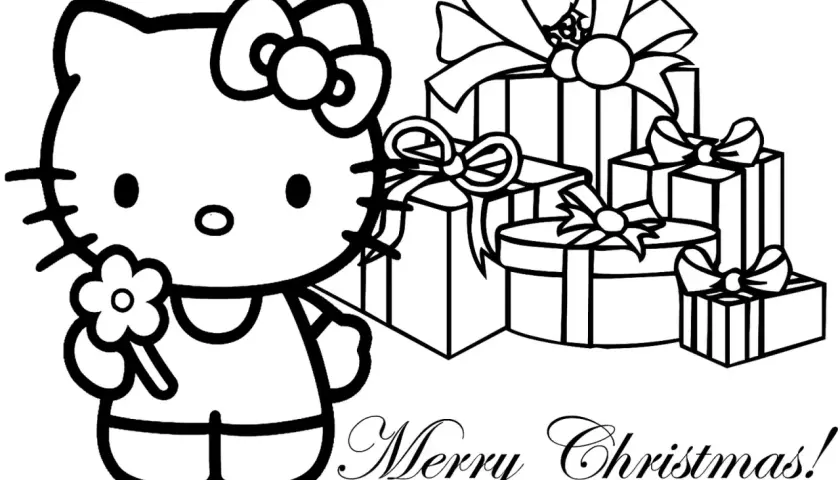 Kolorowanka świąteczna z Hello Kitty i prezentami. Idealna do pokolorowania na Boże Narodzenie.
