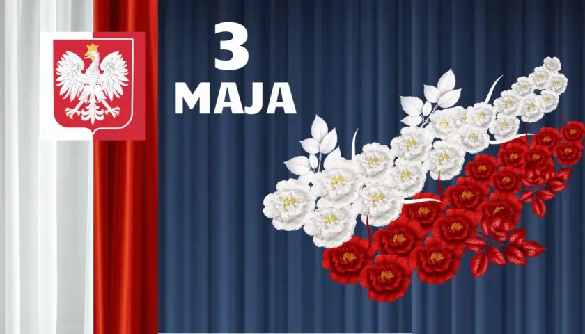 Biało-czerwone kwiaty i godło Polski jako dekoracje na 3 maja do druku.