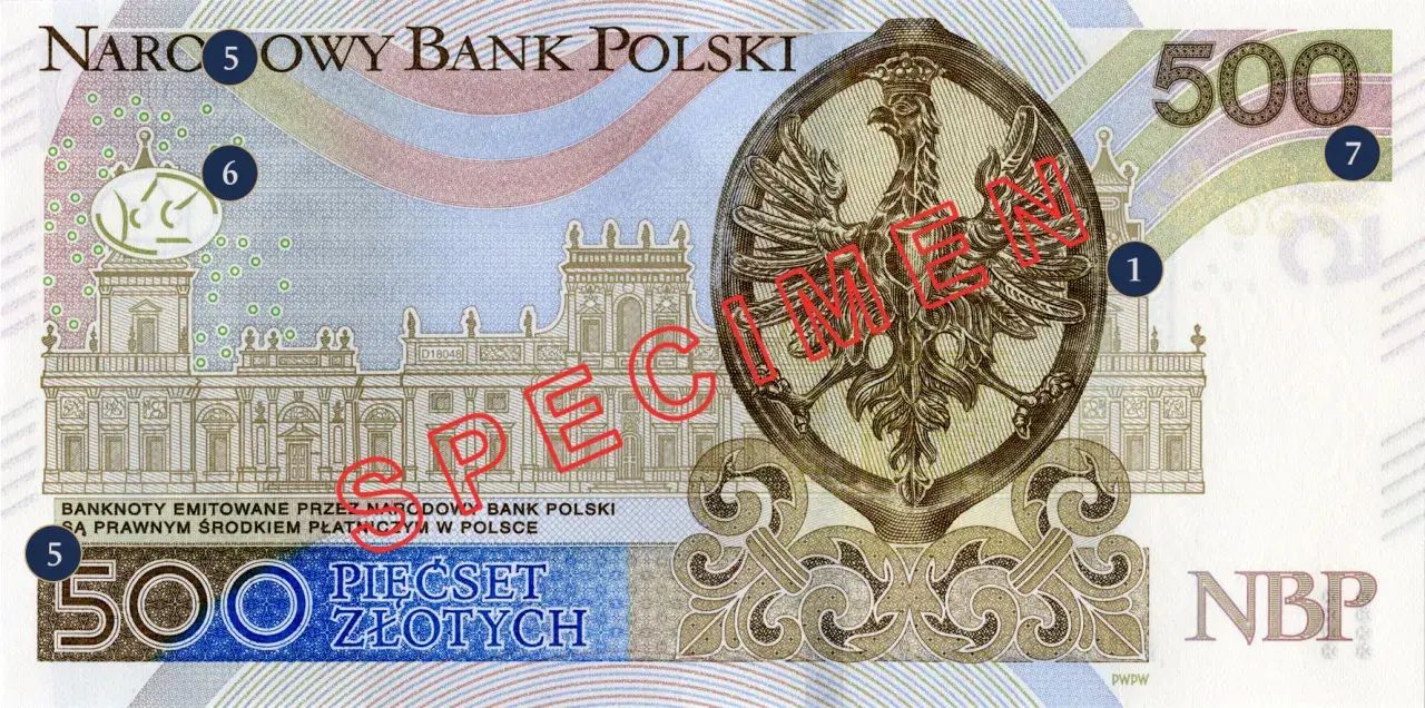 Pieniądze do druku: polski banknot 500 złotych z orłem. Widoczny napis "NARODOWY BANK POLSKI" i "PIEŚĆSET ZŁOTYCH".
