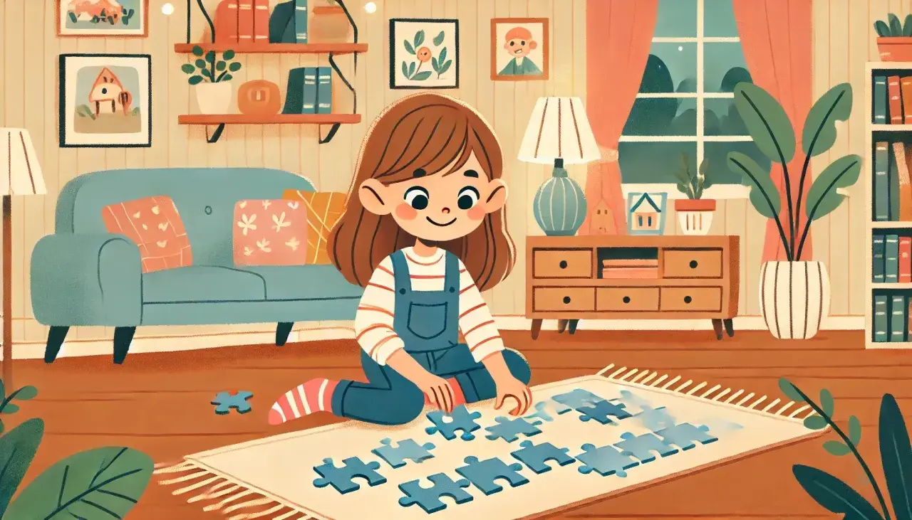 Dziewczynka układa niebieskie puzzle na dywanie. W pokoju stoi kanapa, regały z książkami i komoda. To świetna zabawa, rozwijająca gry logiczne.