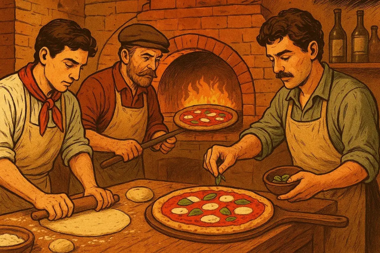 Trzech kucharzy przygotowuje pizzę przy piecu. To początek historii pizzy dla dzieci.