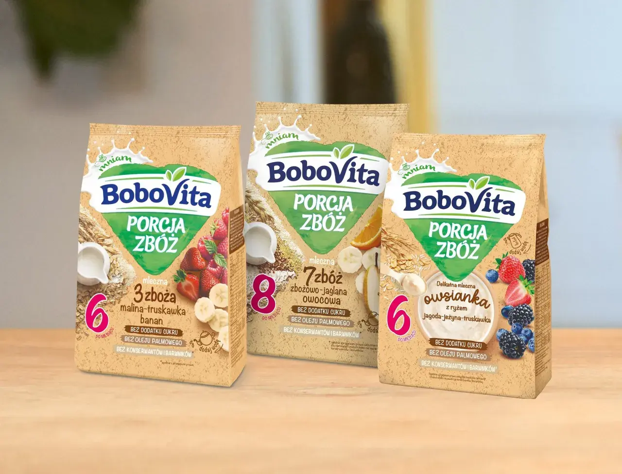 BoboVita: co na kolację dla niemowlaka zamiast kaszki? Trzy rodzaje porcji zbóż: malina-truskawka-banan, zbożowo-jaglana owocowa, owsianka jagoda-jeżyna-truskawka.