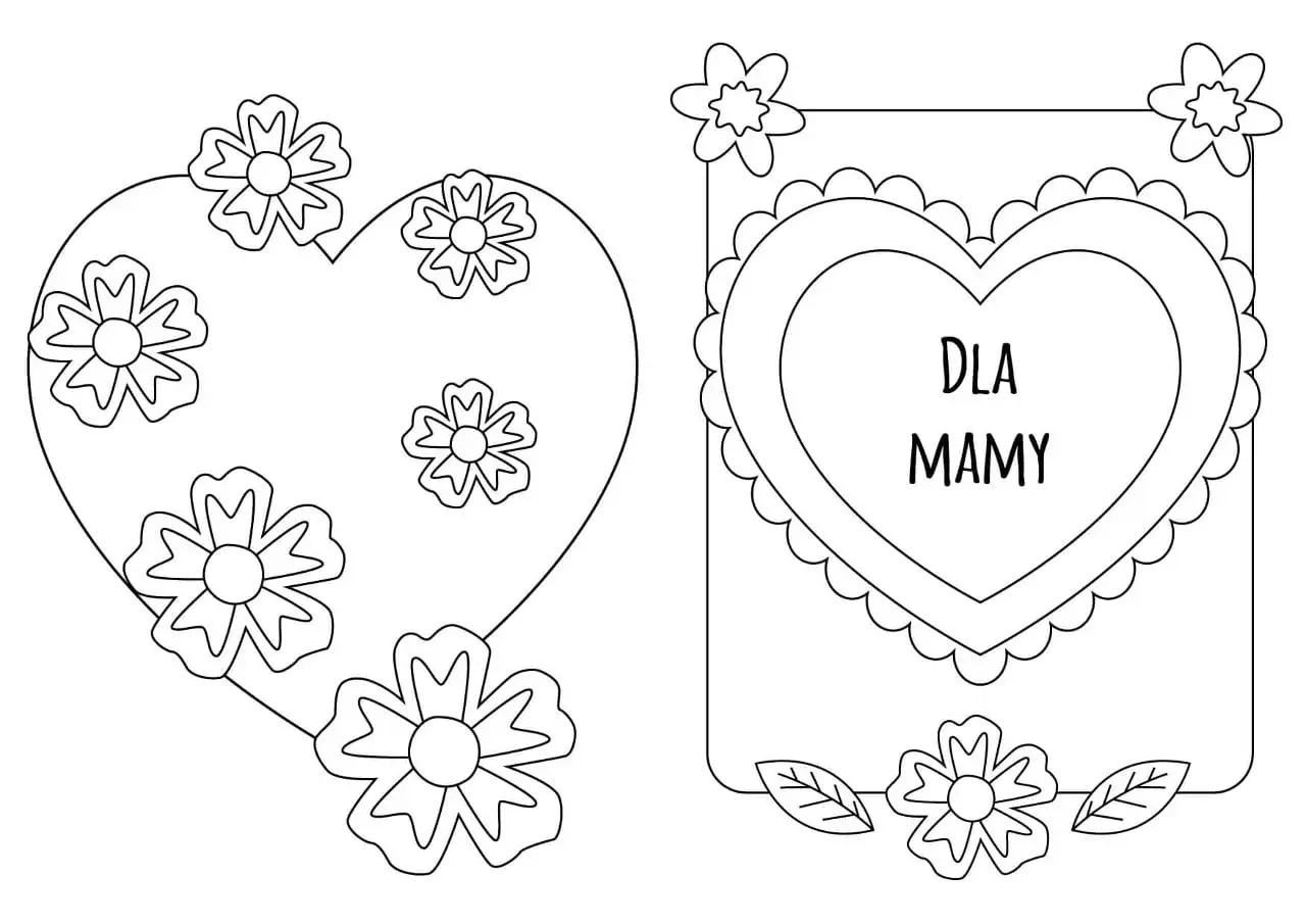 Dwie propozycje kartki dla mamy do druku: serce z kwiatami i ramka z sercem z napisem "DLA MAMY".