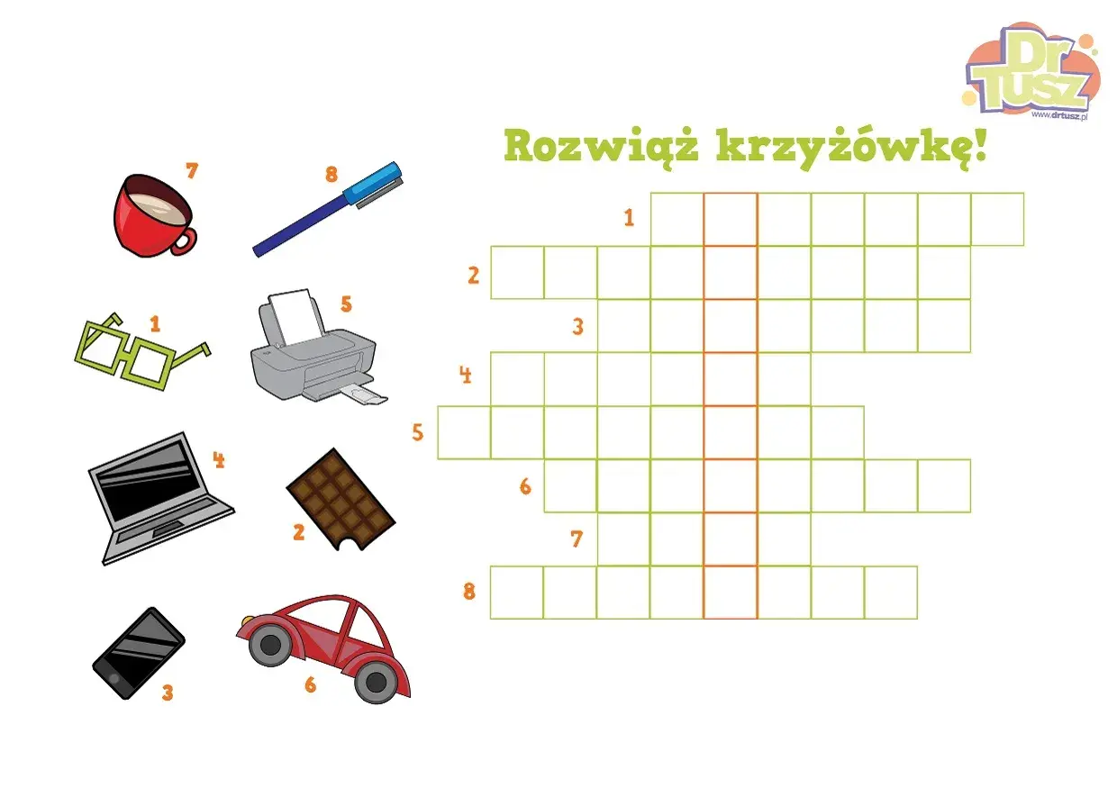 Krzyżówki dla dzieci do druku z obrazkami: okulary, czekolada, telefon, drukarka, laptop, auto, kubek, długopis.