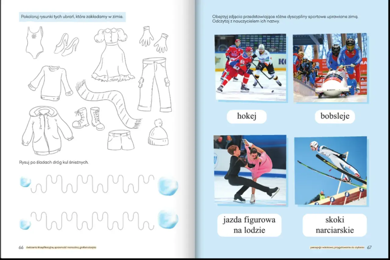 Karty pracy: zimowe sporty i ubrania. Kolorowanki i ćwiczenia grafomotoryczne.