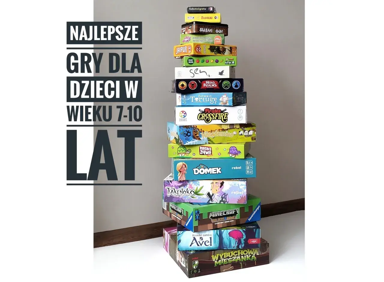 Stos gier planszowych, idealnych dla dzieci w wieku 7+, od "Sabotażysty" po "Wybuchową Mieszankę".