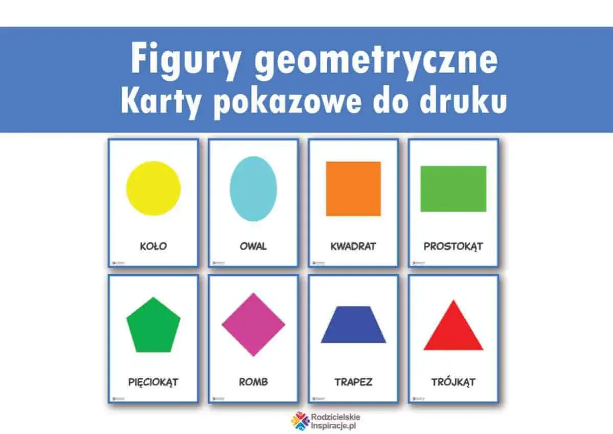 Karty edukacyjne dla przedszkola: figury geometryczne – koło, owal, kwadrat, prostokąt, pięciokąt, romb, trapez, trójkąt.