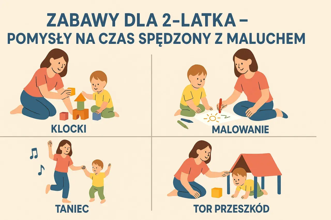Kreatywne zabawy dla 2 latka: budowanie z klocków, malowanie, taniec i tor przeszkód.