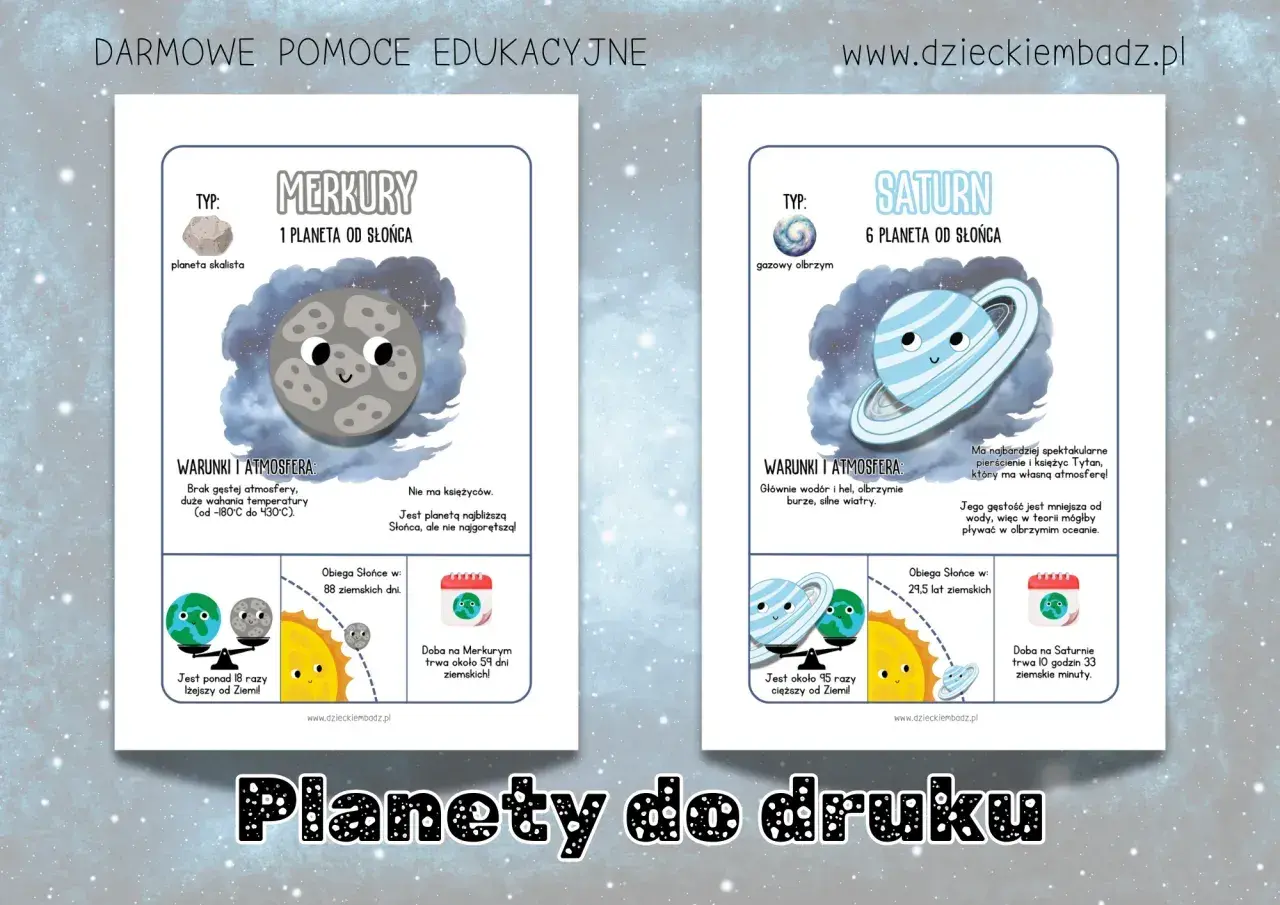 Układ słoneczny planety do druku: Merkury i Saturn z ciekawostkami.