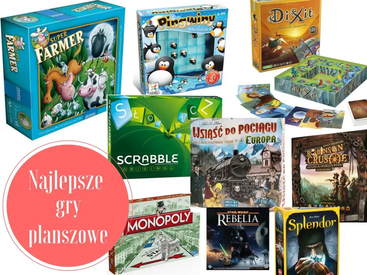 Super Farmer, Pingwiny na lodzie, Scrabble, Monopoly, Dixit, Usiąść do pociągu, Robinson Crusoe, Rebelia, Splendor – to świetna gra rodzinna dla każdego!