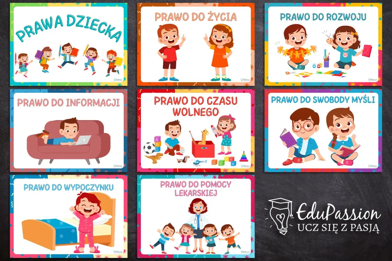 Karty pracy "Prawa dziecka" ilustrują prawa do życia, rozwoju, informacji, czasu wolnego, wypoczynku, swobody myśli i pomocy lekarskiej.