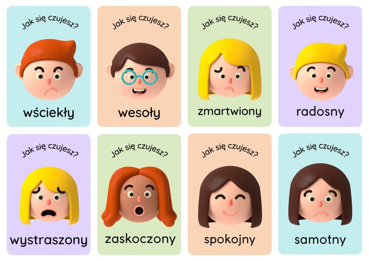 Zestaw kart do druku z emotikonami: wściekły, wesoły, zmartwiony, radosny, wystraszony, zaskoczony, spokojny, samotny.