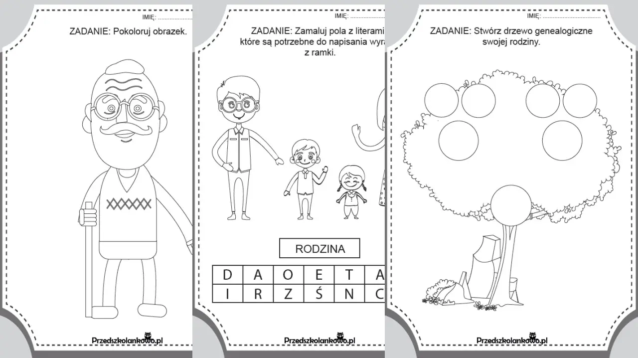 Zestaw kart pracy dla dzieci: kolorowanka dziadka, zadanie z literami do słowa RODZINA i tworzenie drzewa genealogicznego.