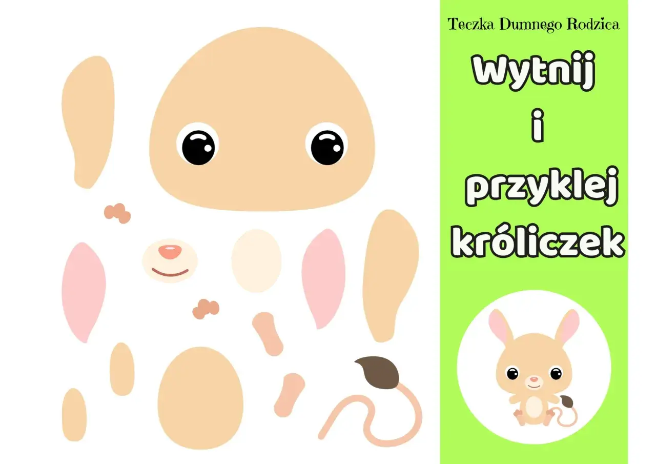 Zadania do wykonania dla dzieci do druku: wycinanka z królikiem. Zestaw elementów do złożenia uroczego króliczka.