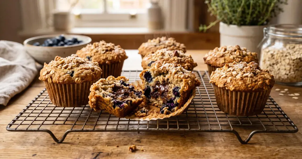 Pyszne muffinki dla niemowlaka z jagodami i czekoladą, posypane płatkami owsianymi, na kratce do studzenia.