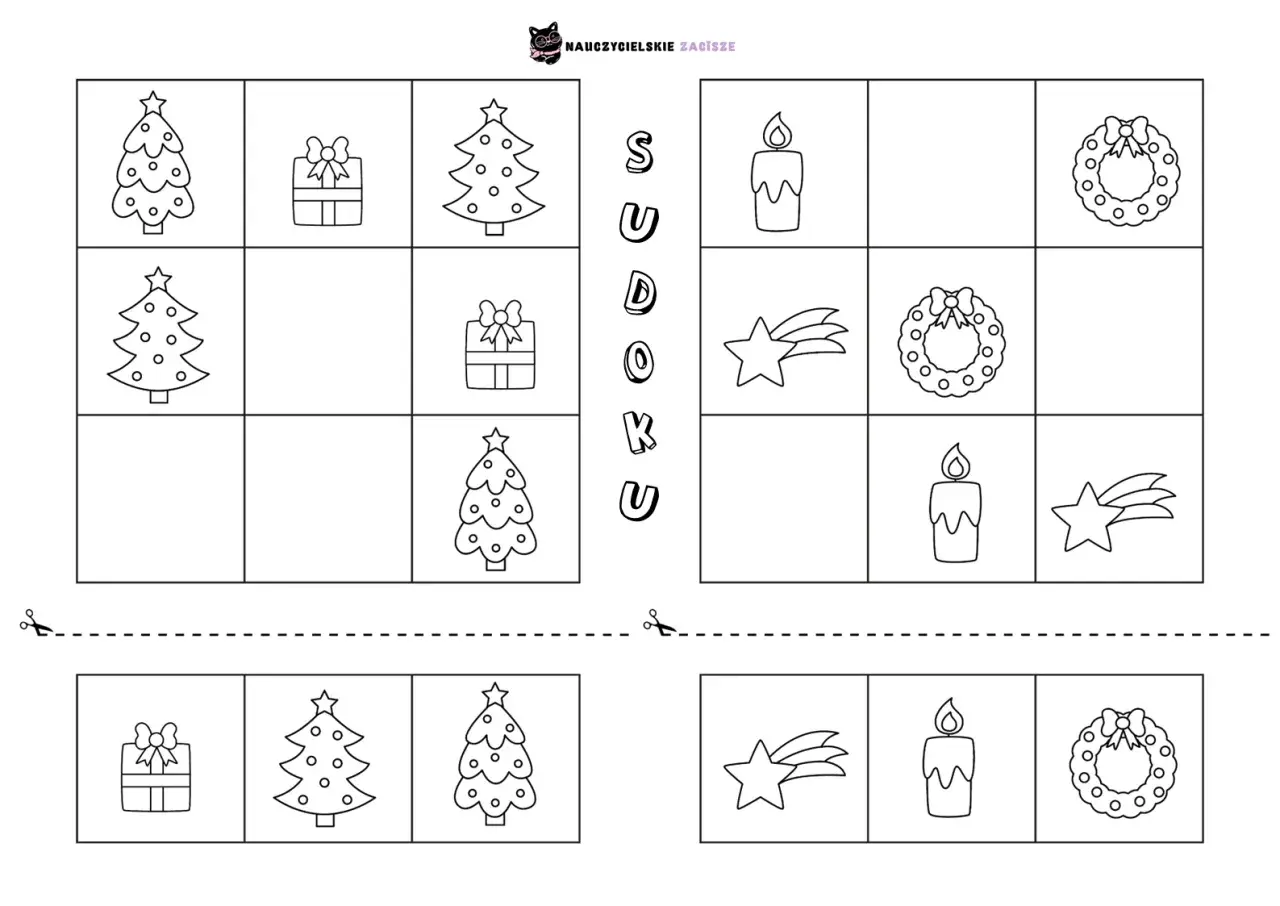 Świąteczne karty pracy z motywami choinek, prezentów, gwiazdek, świec i wieńców. Sudoku dla dzieci.