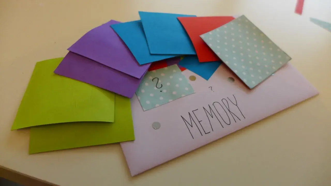 Kolorowe kartki do gry memory do druku, ułożone na kopercie z napisem "MEMORY".