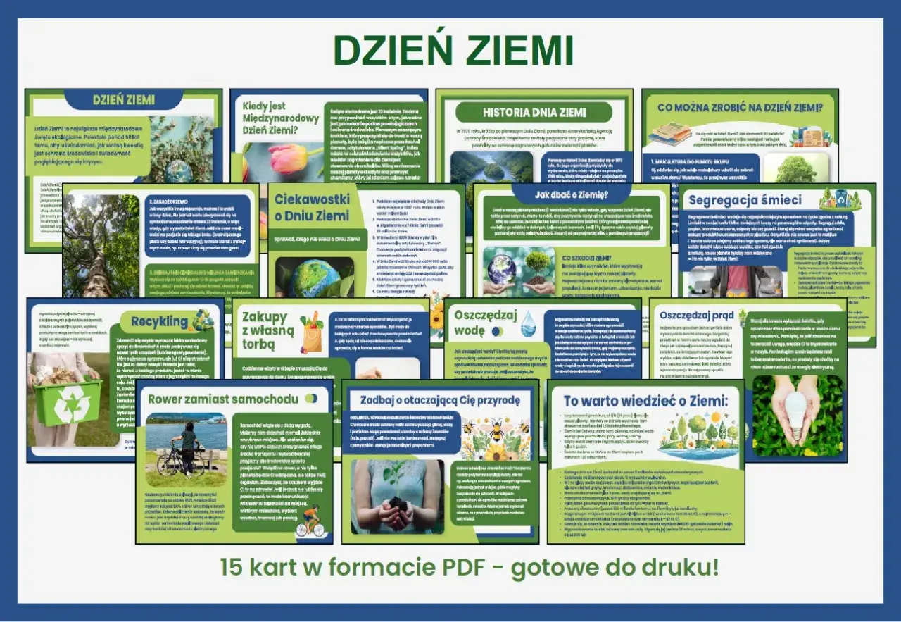Dzień Ziemi gazetka do druku: 15 kart PDF z ciekawostkami, historią, poradami jak dbać o planetę, segregować śmieci, oszczędzać wodę i prąd.