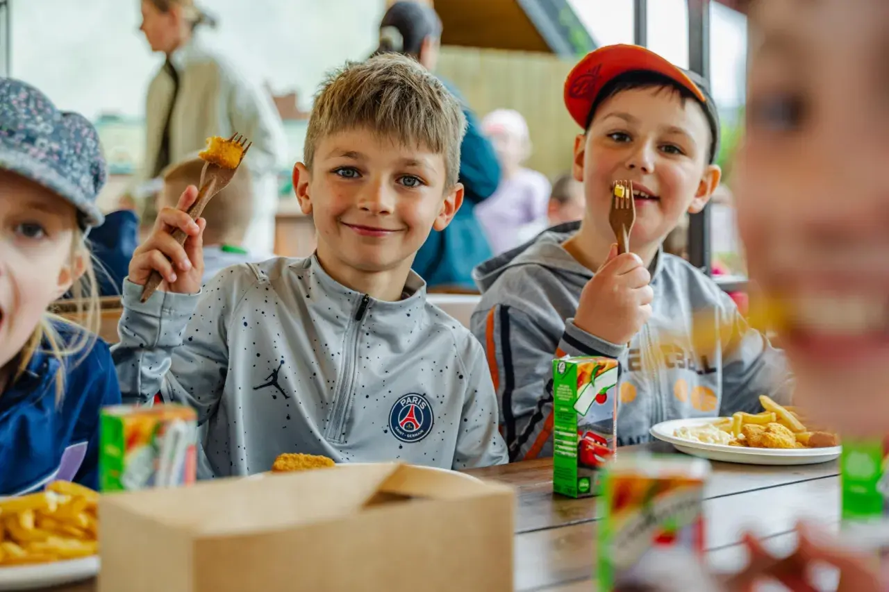 Uśmiechnięci chłopcy jedzą frytki i nuggetsy, świetne pomysły na warsztaty dla dzieci.