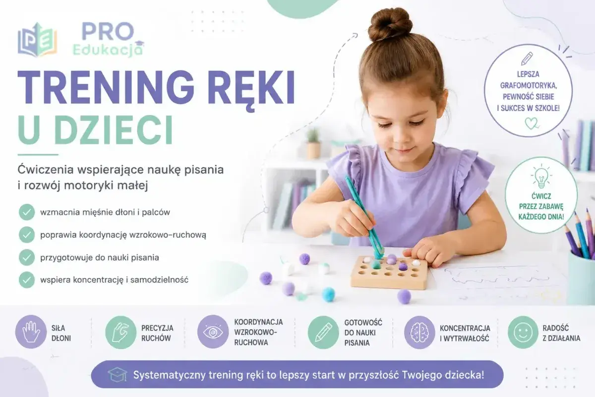 Dziewczynka ćwiczy pisanie po śladzie, rozwijając motorykę małą. Trening ręki przygotowuje do nauki pisania.