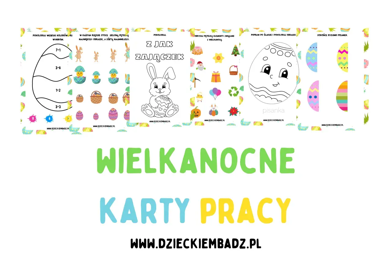 Wielkanocne karty pracy dla dzieci: kolorowanki, zadania z liczeniem i rysowanie zajączka.