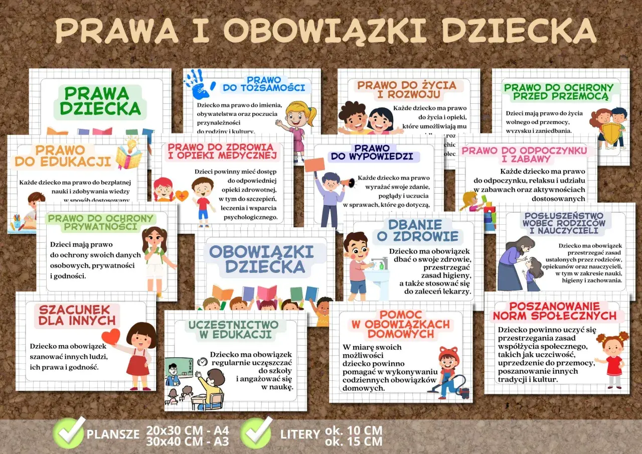 Prawa i obowiązki dziecka do druku: edukacja, zdrowie, szacunek, wypowiedź, odpoczynek, posłuszeństwo, ochrona przed przemocą.