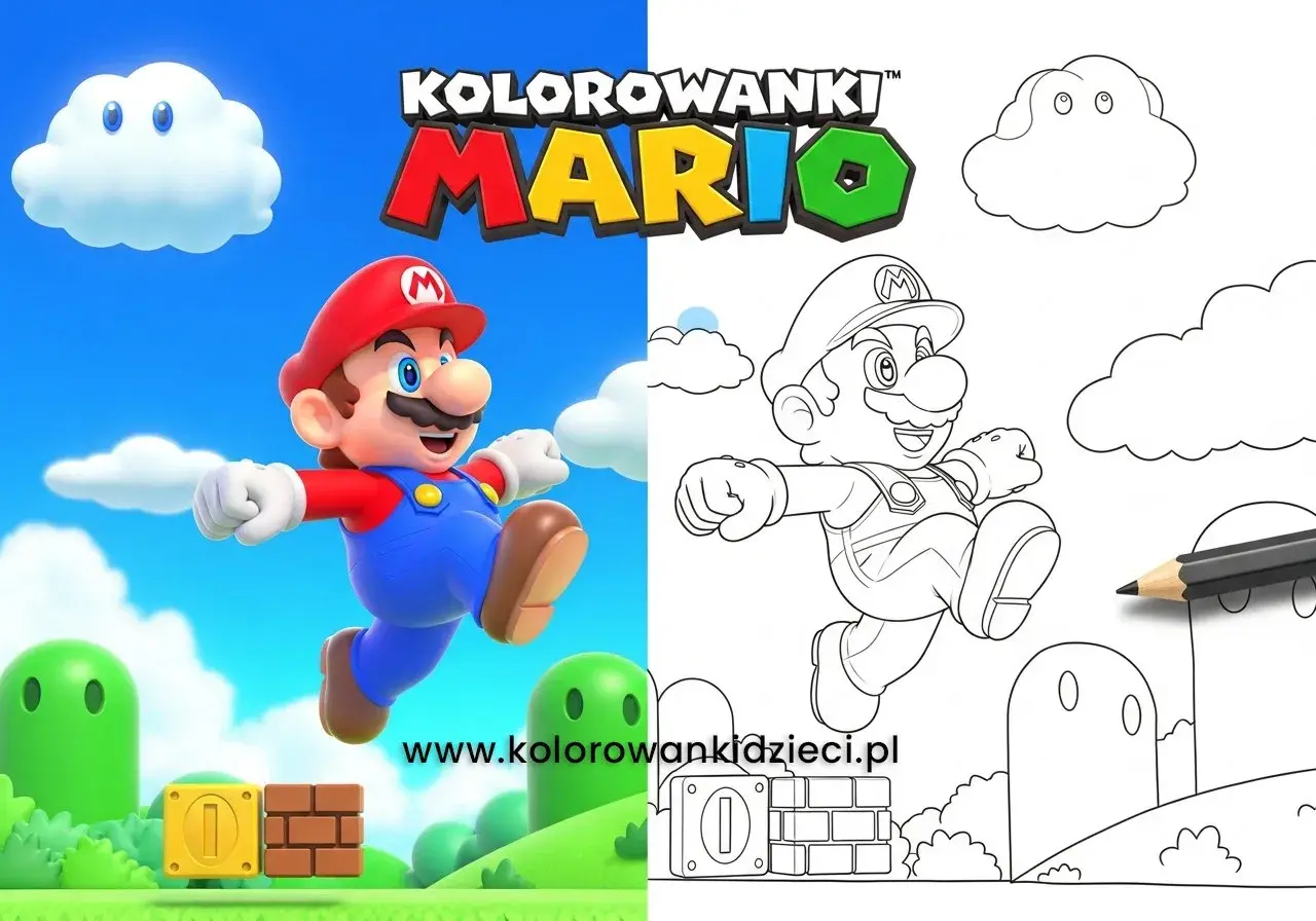 Kolorowanki Mario do druku. Wesoły hydraulik w akcji, gotowy do pokolorowania.