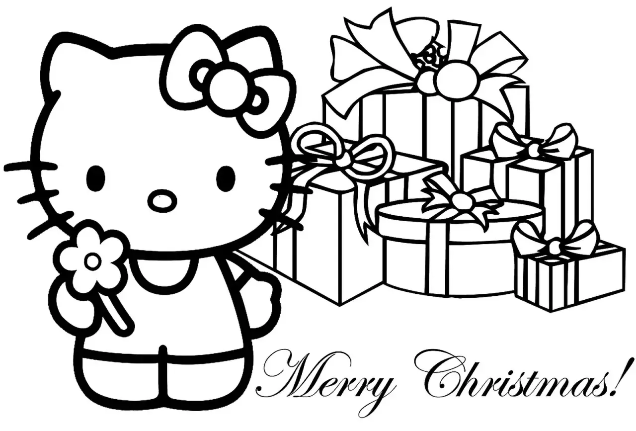 Kolorowanka świąteczna z Hello Kitty i prezentami. Idealna do pokolorowania na Boże Narodzenie.