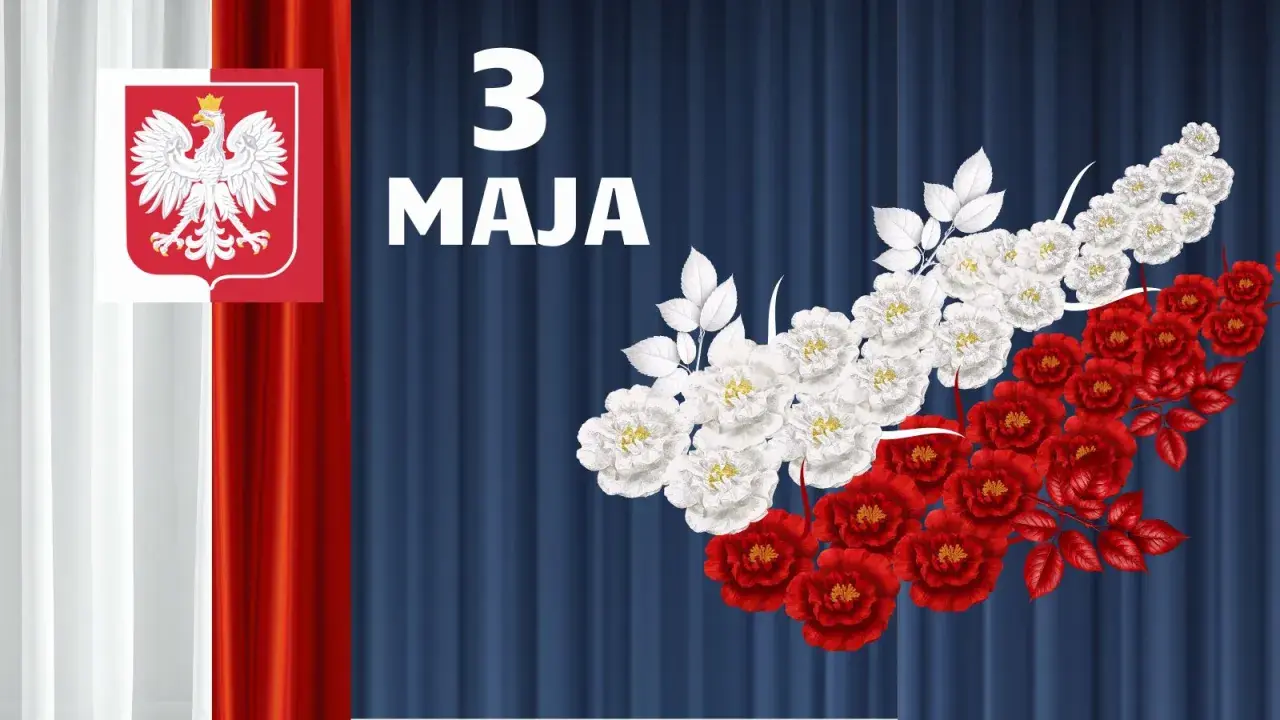Biało-czerwone kwiaty i godło Polski jako dekoracje na 3 maja do druku.