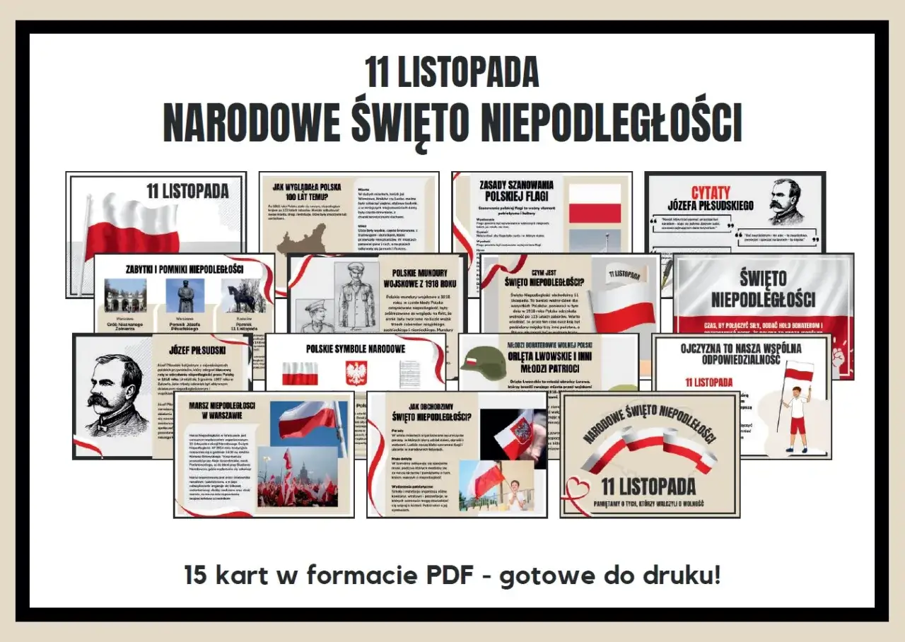 Gazetka na 11 listopada do druku: zbi&oacute;r materiał&oacute;w o historii Polski, symbolach narodowych, bohaterach i cytatach.