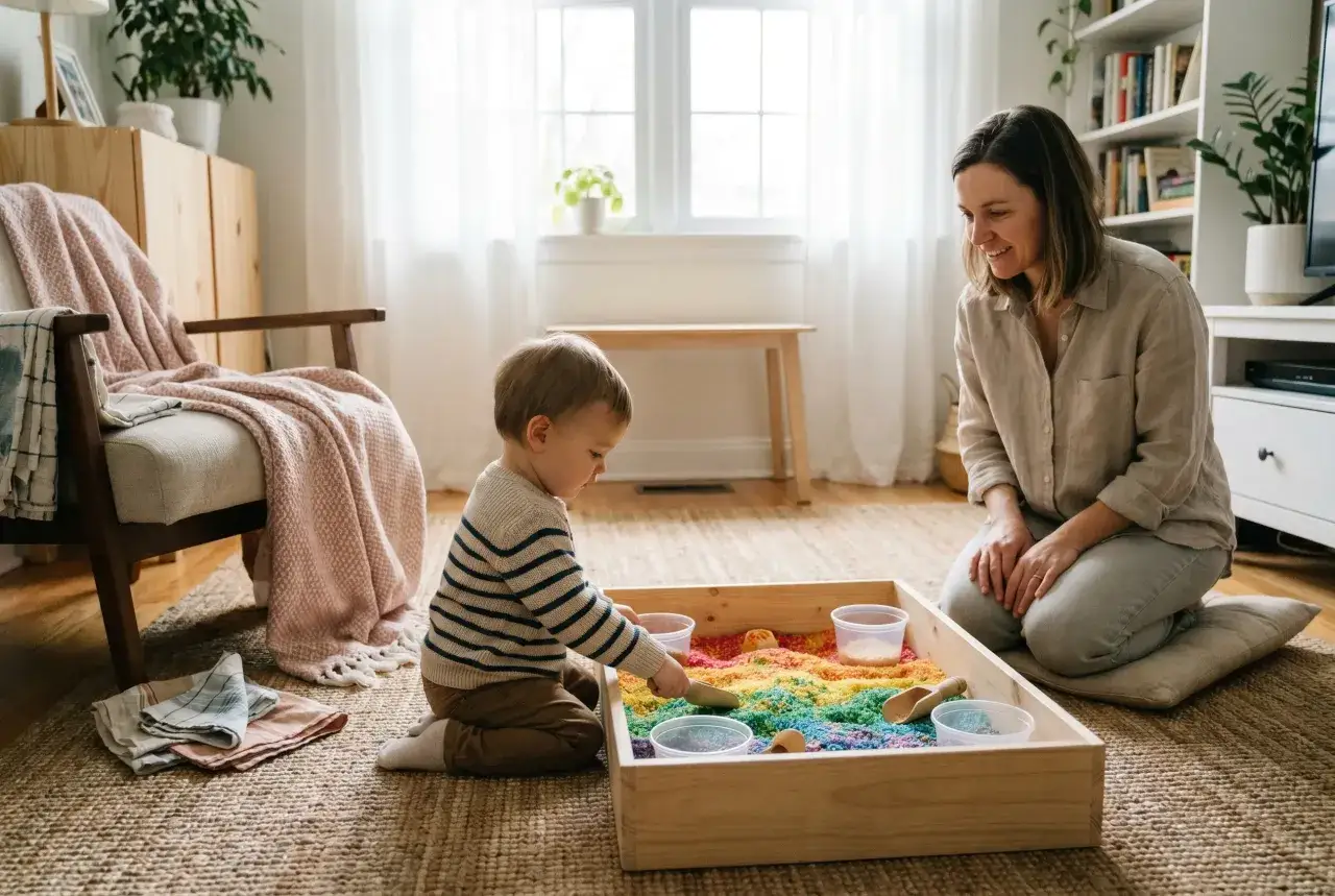 Mama i dziecko bawią się kolorowym piaskiem sensorycznym. Radość i nauka przez zabawę z niemowlakiem.