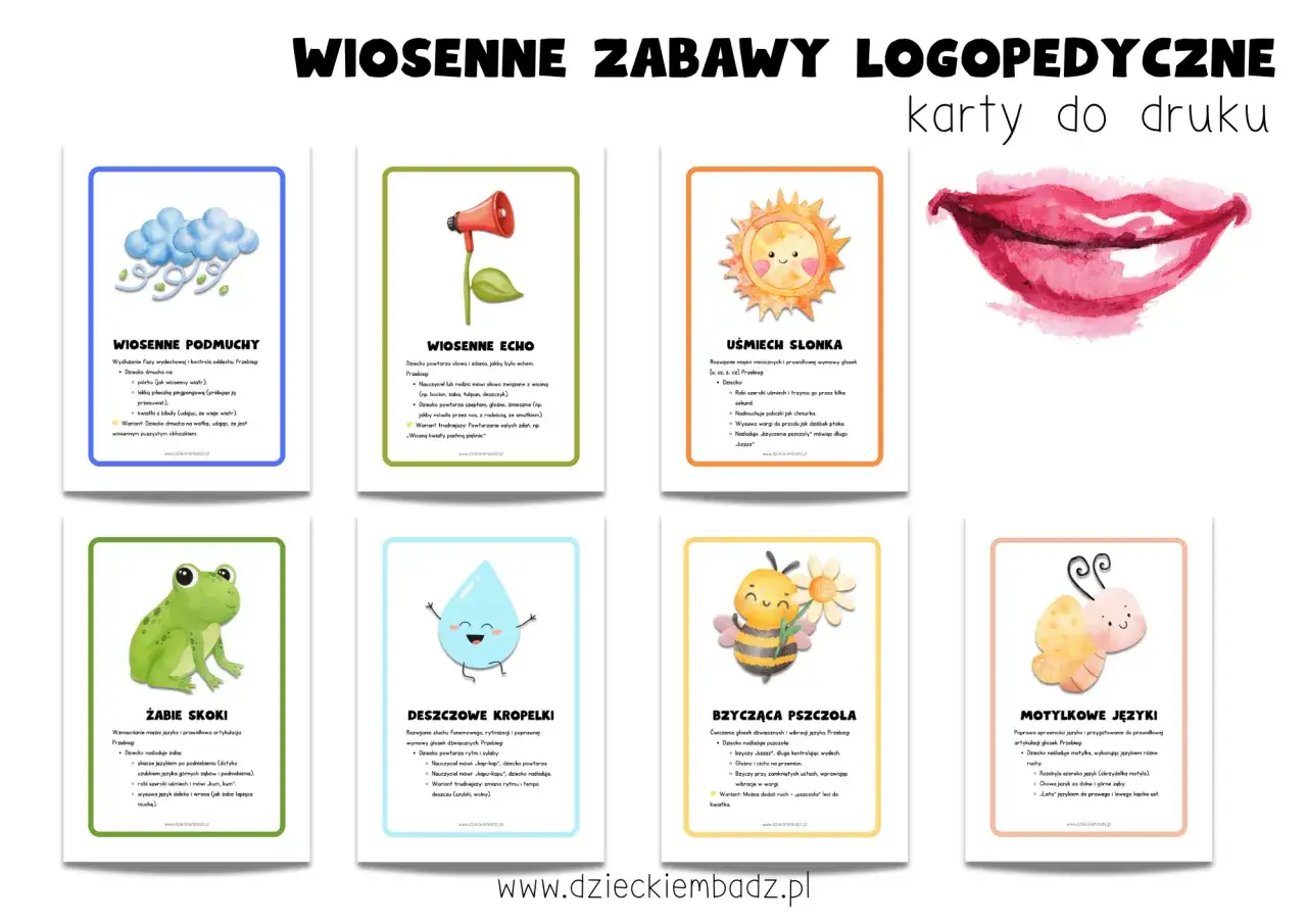 Wiosenne zabawy logopedyczne: karty do druku z motywami natury, np. chmury, słońce, żaba, pszczoła, motyl. Idealne do ćwiczeń w marcu jak w garncu.