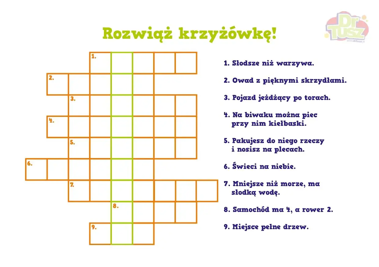 Krzyż&oacute;wki dla dzieci do druku z zagadkami o owadach, pojazdach i przyrodzie. Rozwiąż zagadki i wpisz odpowiedzi!