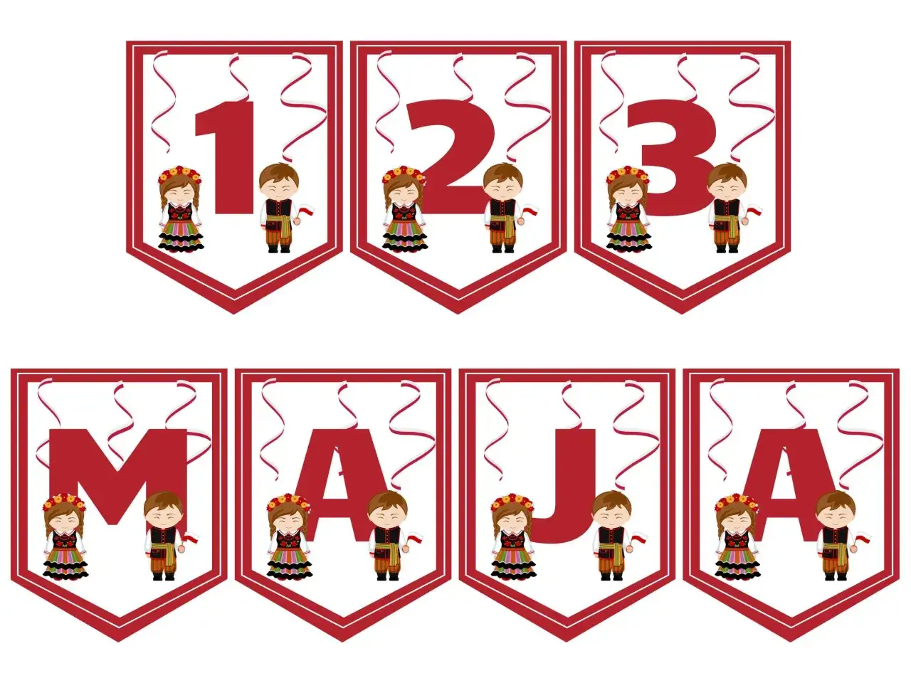 Gotowe dekoracje na 3 maja do druku: banery z cyframi 1, 2, 3 i literami M, A, J, A, ozdobione postaciami w strojach ludowych.