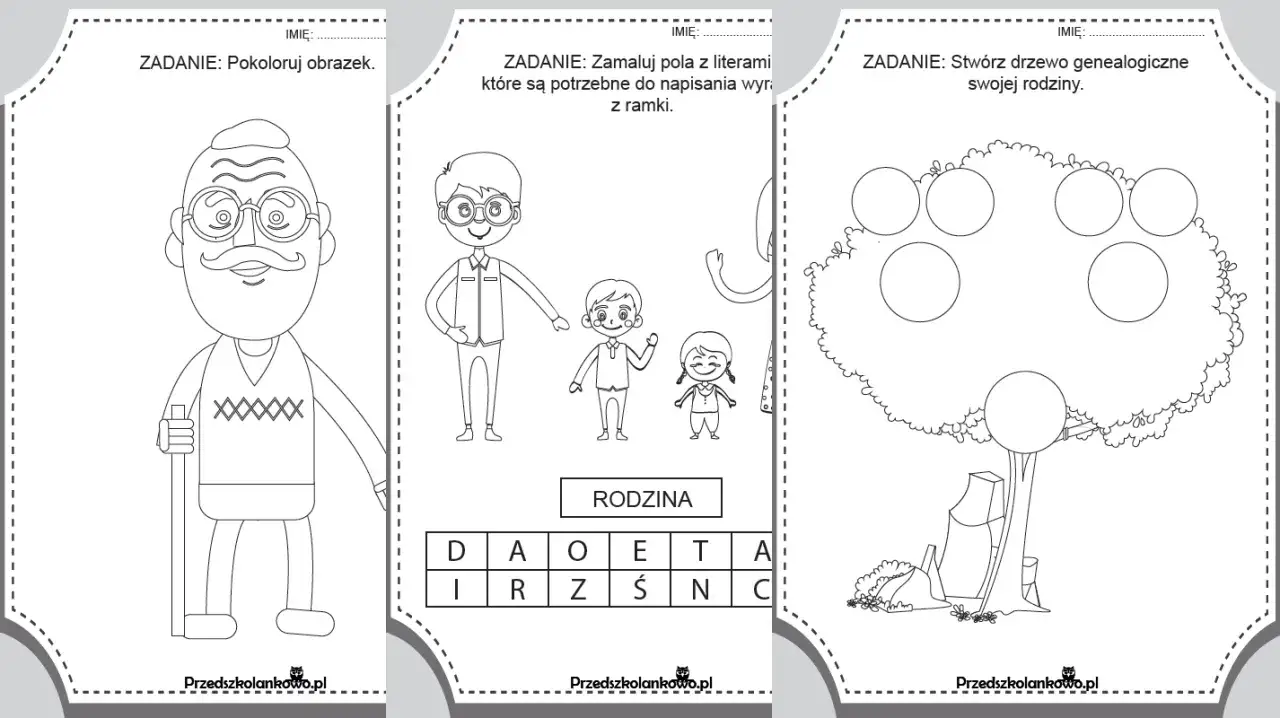 Zadania dla dzieci: pokoloruj dziadka, uzupełnij literami słowo RODZINA, narysuj drzewo genealogiczne swojej rodziny.