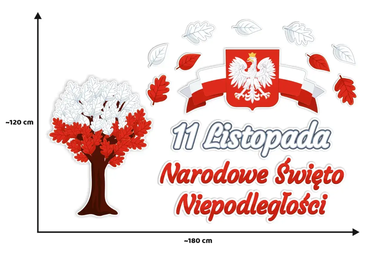 Dekoracje na 11 listopada szablony do druku: drzewo w barwach narodowych, orzeł biały, wstęga i liście.