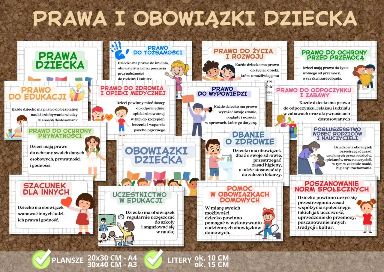 Prawa i obowiązki dziecka do druku: prawa do edukacji, zdrowia, wypowiedzi, ochrony prywatności, szacunku dla innych, uczestnictwa w nauce, życia, rozwoju, ochrony przed przemocą, odpoczynku, zabawy, posłuszeństwa, poszanowania norm społecznych.