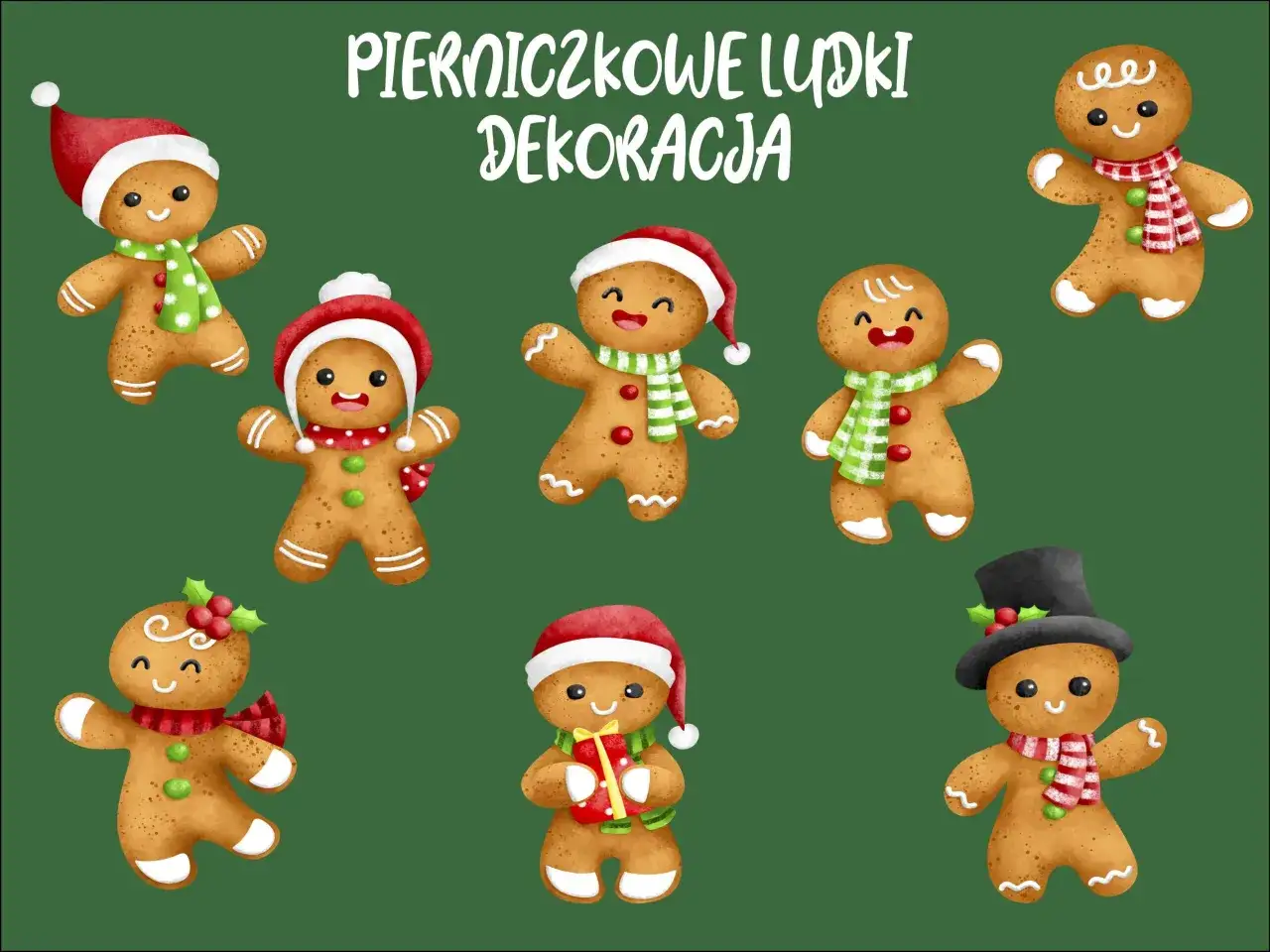 Urocze pierniczki do druku w świątecznych strojach: w czapkach Mikołaja, z szalikami i prezentami. Idealne do dekoracji!